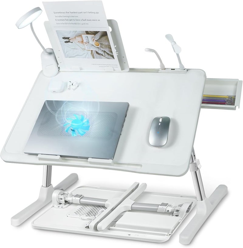 XTRA Laptop Lap Desk with Cooling Fan - Adjustable with Light, USB, Storage Drawer - Folding Bed Desk,22.04"*12.59",White - Image 1